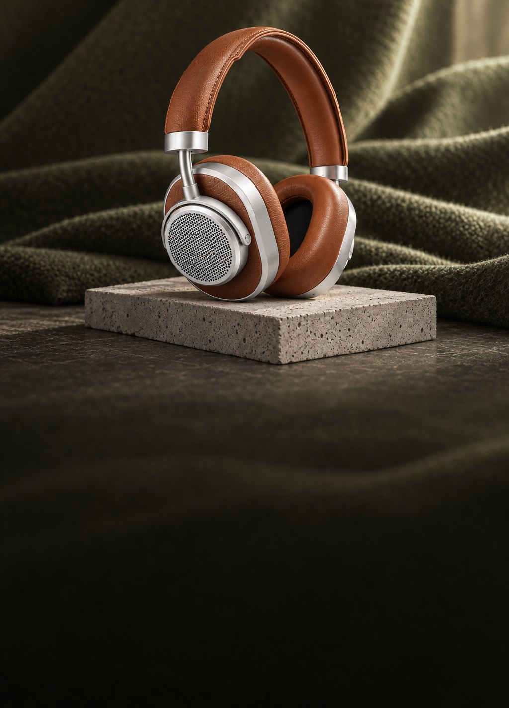 Over-ear høretelefoner i cognac læder og aluminium på en betonblok Over-ear høretelefoner i cognac læder og aluminium på en betonblok